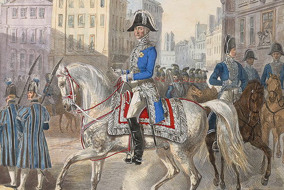 Bild: Freiherr von Kessling in der silber-blauen Livree des Oberststallmeisters, kolorierte Lithographie, um 1840