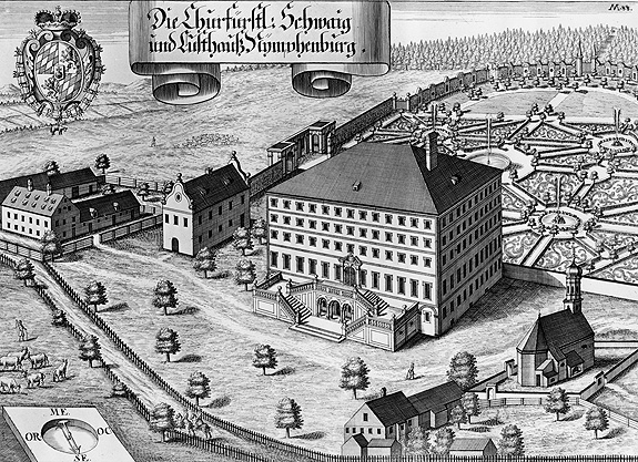 Bild: Schloss Nymphenburg, Kupferstich von Michael Wening, 1701